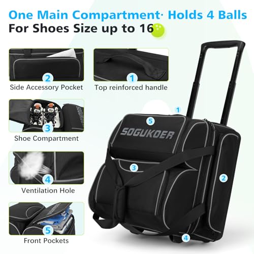 4 Ball Bowling Bag with Wheels,Integrated Main Compartment,900D Heavy Duty Bowling Roller Bag with Shoe Compartment, Telescoping Handle,Multiple Accessory Pockets for League Tournament Travel