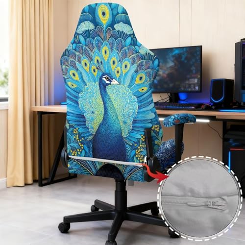 Peacock Print 4Pcs Gaming Chair Cover Set Comfortable Breathable Computer Office Chair Cover with Armrest Covers Universal Fit for Desk/Swivel/Rotating Chairs Protector - color: Blue - Peacock