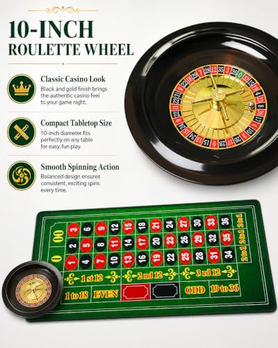 Roulette Wheel Game Set Include 47.2" x 23.6"Rubber Tabletop Layout Mat(Double Sided)，10 Inch Roulette Wheel，200 Chips Dealer Button，Win Marker，3 Dices，Chip Rake Casino Game Sets Gift Ideas