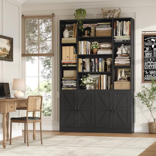 HOSTACK 72” Tall Book Shelf and Bookcase, White Bookshelf with Storage Cabinet, 45” Wide Bookcase with 4 doors, Standing Display Shelves, Modern Farmhouse Book Case for Living Room, Home Office, Black - color: Black