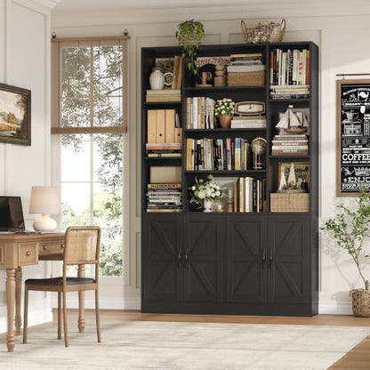 HOSTACK 72” Tall Book Shelf and Bookcase, White Bookshelf with Storage Cabinet, 45” Wide Bookcase with 4 doors, Standing Display Shelves, Modern Farmhouse Book Case for Living Room, Home Office, Black - color: Black