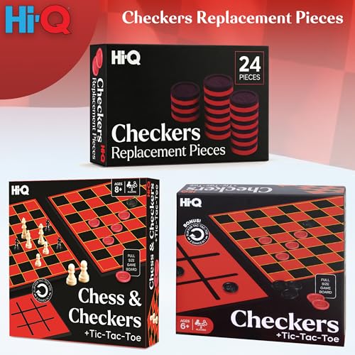 Checkers Replacement Pieces – Set of 24 Interlocking Red & Black Game Pieces – Durable Plastic Stackable Checkers for Replacement or DIY Boards – Includes 12 Red & 12 Black - style: Checkers