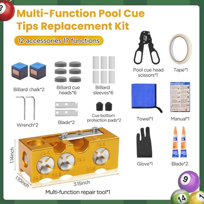 11-in-1 Aluminum Alloy Pool cue Tips Replacement kit,Pool cue tip Shaper,Professional Cue Stick Tool Kit,Pool cue Shaper Accessories for Replacement and Shaping Cue Tips (Yellow)