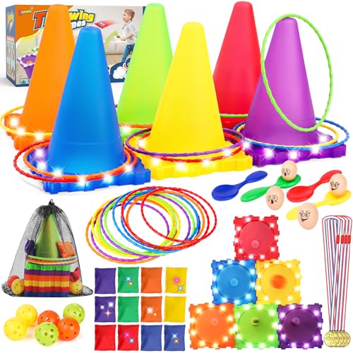 Eocolz 49PCS Carnival Games Outdoor Combo Set for Kids with LED Light, Plastic Cones Obstacle Course Bean Bags Balls Ring Toss Game Egg and Spoon Race Lawn Game, Gift for Birthday Party/Xmas/Easter - color: blue