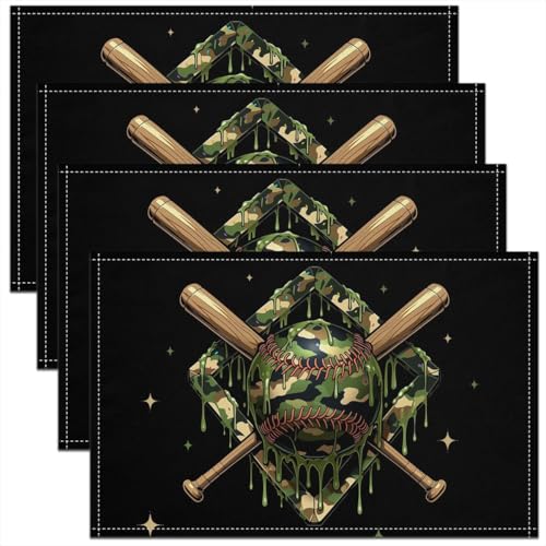 Softball Kids Placemats Set of 4,Softball Bat Ball Sport Games Table Place Mats,Star Camouflage Camo Kitchen Decor,Army Green Placemat Kitchen Table Decoration 12"x18" - color: Army Green