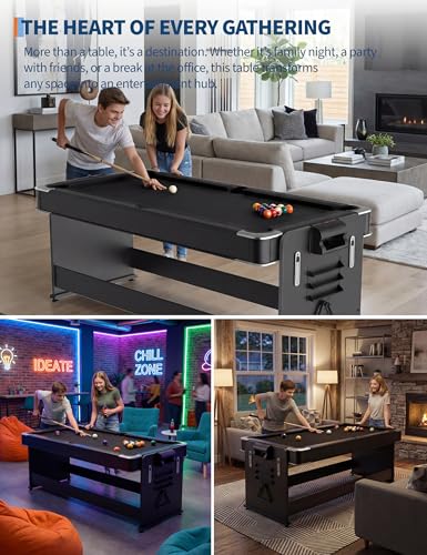 7 ft 3-in-1 Multi-Game Table - Air Hockey, Billiards & Table Tennis Ping Pong Combo with High-Performance Airflow, Easy Flip Top & Full Accessories for Game Room, Man Cave & Family Fun - color: Black