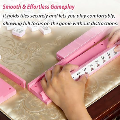 4 PCS Mahjong Racks with Pushers, Pink Wooden Mahjong Racks with Detachable Magnetic Pushers, Mahjong Tile Pushers and Racks, Includes Chips, Dice & Storage Bags, Mahjong Accessories (19.68 Inch) - color: Pink