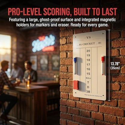 Hard Board Dry Erase Dart Scoreboard with Tempered Protective Film, 7.87x13.78 Inch Cricket & 01 Game Scoring Board with Markers & Eraser for Home, Game Room, Bar and Outdoor Use
