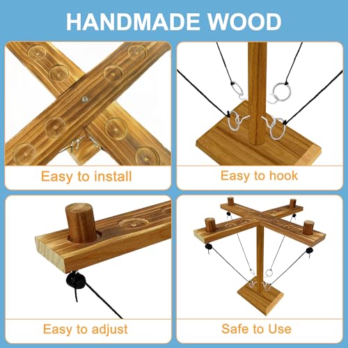 Hook Toss Game, Ring Toss Game, Handmade Wooden Ladder, Throwing Hook and Ring Battle Game for Family, ‎42,6 x 12,7 x 6,1 cm, Brown - style: The pieces are on top.