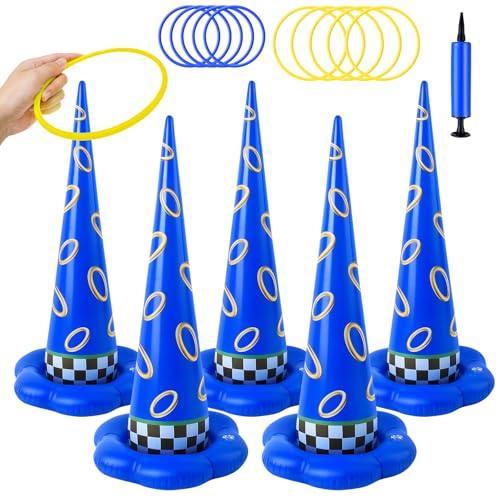 5 Pack Inflatable Ring Toss Game - Blue with Gold Ring Birthday Party Games with 10 Plastic Rings & Pump, Indoor Outdoor Carnival Toss Toy for Kids Party Favors - color: Blue Gold Ring