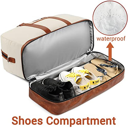 Weekender Bag for Women, Large Overnight Bag Canvas Travel Duffel Bag Carry On Tote with Shoe Compartment 21" 3Pcs Set - color: A01-brown+beige
