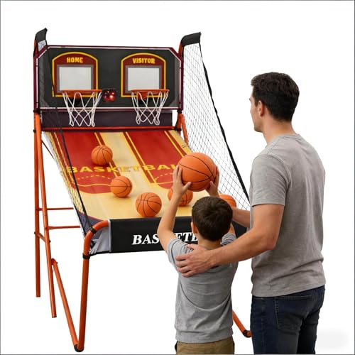 Foldable Electronic Scoring Basketball Shooting Machine, Arcade Basketball Game Machine, Two-Player Basketball Shooting Machine,2 Hoops + 5 Basketballs,LED Scoreboard,4-Button Operation, 8 Modes