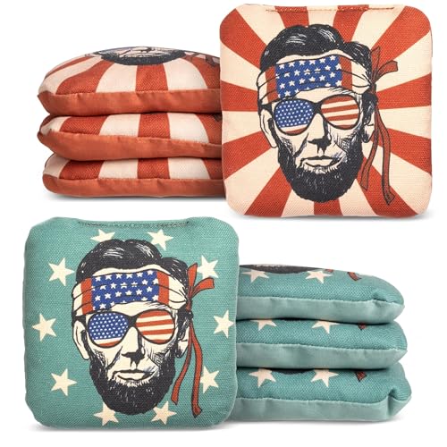 Play Platoon Pro Cornhole Bags Set of 8 - Professional Dual Sided Slick and Sticky Side Competition Corn Hole Bags - Tournament Series - color: Vintage Blue / Red Honest Abe