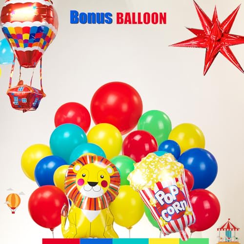 117PCS carnival circus Balloon garland kit with Red Blue Yellow Teal and Lion & Popcorn & Hot Air Balloon and Link Balloons for cartoon clown Theme birthday Party Decorations