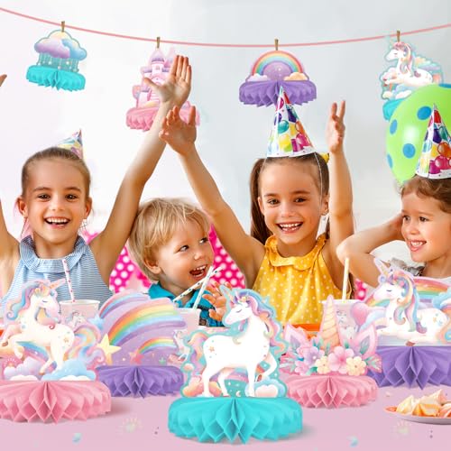 Unicorn Birthday Party Supplies Set - Rainbow Table Decorations with Honeycomb Centerpiece for Unicorn Party Decorations - style: Unicorn