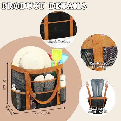 GYEUKHAM Mesh Beach Bag for Women, Sand-Resistant Pool Tote, 9 Pockets (1 Inner Zip), Foldable Family Travel Essentials - color: L-black2#