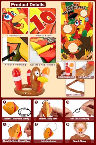 3 Pack Thanksgiving Party Games for Kids Total 18 Pieces Toys Including Inflatable Turkey Hats Ring Toss & Bean Bag Toss & Turkey Beaks Carnival Party Favors Supplies for Family Indoor Outdoor Yard