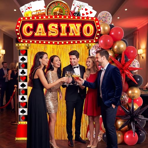 Peryiter 120 Pcs Casino Night Party Decorations Set Casino Backdrop Banner Gold Foil Fringe Curtain Balloon Arch Kit, Poker Themed Supplies for Vegas Birthday Party - style: Casino