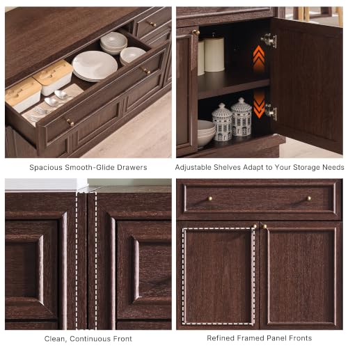 ACCOHOHO Modern Farmhouse Buffet Cabinet, 126" Sideboard Credenza, Modular Storage Cabinet with Framed Panel Fronts, Adjustable Shelves & Dual Base Design, Natural Walnut - color: Natural Walnut, size: 4 Piece