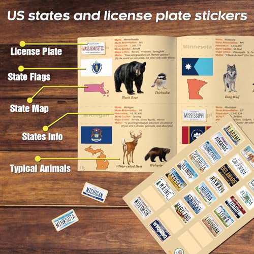 US License Plate Journey Educational Game, State Geography Learning Activity Book with Stickers, Road Trip Matching Game