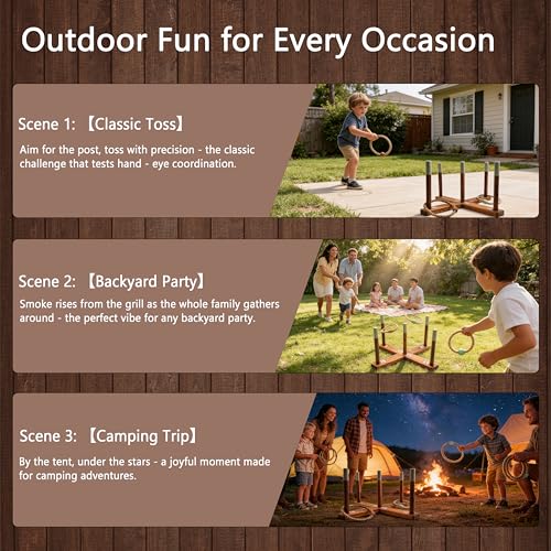 Ring Toss Game for Kids – Backyard Games Set with Wooden Poles, Rope Rings & Portable Carrying Case – Indoor & Outdoor Lawn Games for Family, Beach, Camping, Party Activities