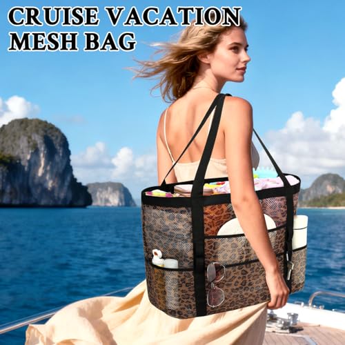 GYEUKHAM Mesh Beach Bag for Women, Sand-Resistant Pool Tote, 9 Pockets (1 Inner Zip), Foldable Family Travel Essentials - color: L-leopard