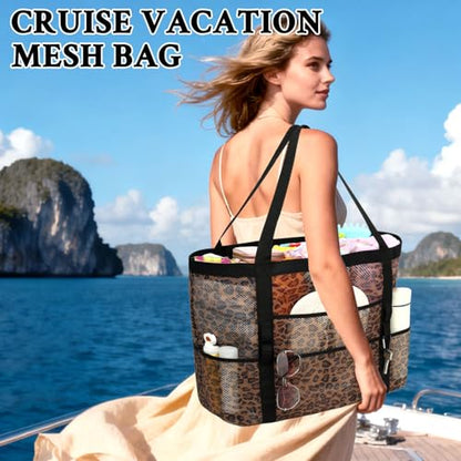 GYEUKHAM Mesh Beach Bag for Women, Sand-Resistant Pool Tote, 9 Pockets (1 Inner Zip), Foldable Family Travel Essentials - color: L-leopard