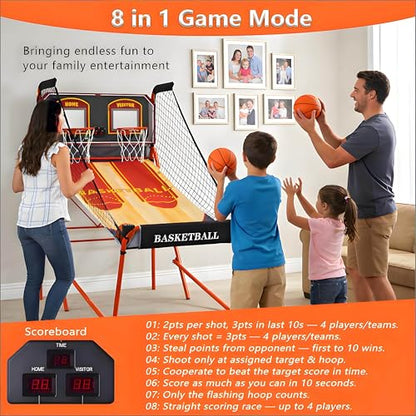 Foldable Electronic Scoring Basketball Shooting Machine, Arcade Basketball Game Machine, Two-Player Basketball Shooting Machine,2 Hoops + 5 Basketballs,LED Scoreboard,4-Button Operation, 8 Modes