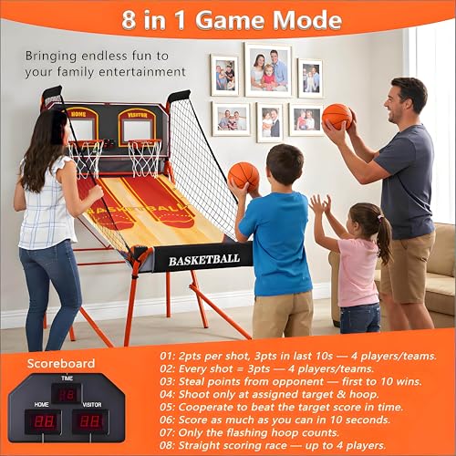 Double Hoop Arcade Game Machine, Electronic Basketball Machine, Basketball Shooting Machine, Foldable Indoor Model, LED Scoring, Steel Frame Material, Includes Air Pump, 8 Modes