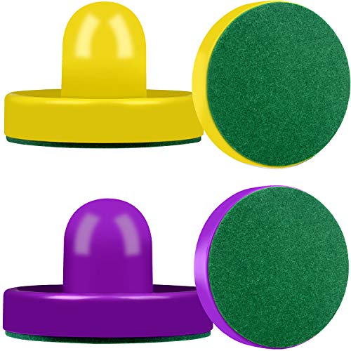 ONE250 Air Hockey Pushers and Red Air Hockey Pucks, Goal Handles Paddles Replacement Accessories for Game Tables (4 Striker, 4 Puck Pack) - color: Purple & Yellow