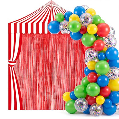 Peryiter 119 Pcs Carnival Circus Party Decorations Set Red White Striped Backdrop Banner Foil Fringe Curtain Balloon Arch Kit, Carnival Circus Theme Supplies for Birthday Party, Event Celebration - style: Carnival
