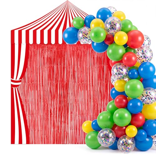 Peryiter 119 Pcs Carnival Circus Party Decorations Set Red White Striped Backdrop Banner Foil Fringe Curtain Balloon Arch Kit, Carnival Circus Theme Supplies for Birthday Party, Event Celebration - style: Carnival