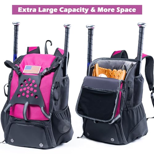 Baseball Backpack for Youth, Boys, Adults - Bat and Softball Equipment Bag With Glove Holder, Helmet, Shoes Compartment - T-Ball Accessories and Baseball Gifts - color: Pink - 42L