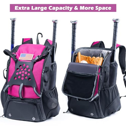 Baseball Backpack for Youth, Boys, Adults - Bat and Softball Equipment Bag With Glove Holder, Helmet, Shoes Compartment - T-Ball Accessories and Baseball Gifts - color: Pink - 42L