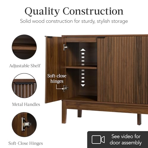 Best Choice Products 55" Modern 4-Door Sideboard Storage Cabinet, Buffet, Media Cabinet, Cupboard, Entryway Accent Table, Bookcase w/Reed Panels and Adjustable Shelves – Walnut - color: Walnut