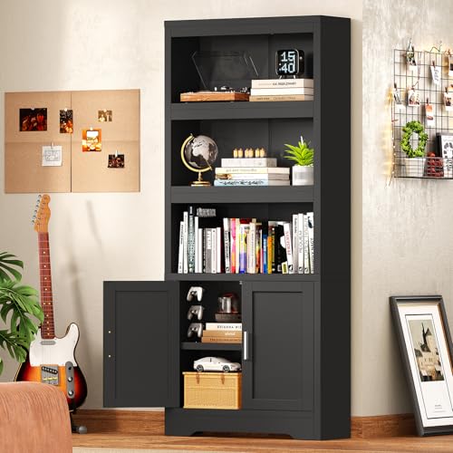 Book Shelf and Bookcase with Doors, 5-Tier Display Storage Cabinet with Adjustable Shelves, Open Compartments, Remote Control LED Lights, Tall cabinet for Bathroom Kitchen Living Room, Home Office - color: Black-01