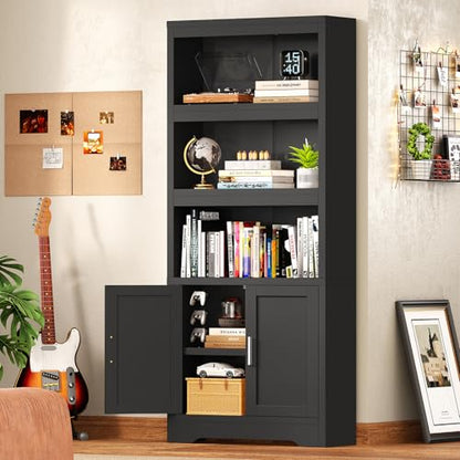 Book Shelf and Bookcase with Doors, 5-Tier Display Storage Cabinet with Adjustable Shelves, Open Compartments, Remote Control LED Lights, Tall cabinet for Bathroom Kitchen Living Room, Home Office - color: Black-01