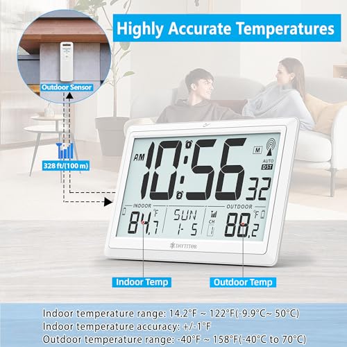 Atomic Clock Wall with Indoor/Outdoor Temp & 10.5" Large LCD Display, White | Battery Operated Digital Wall Clock, 330ft Range Desk Table Clock with Alarm, DST, Calendar for Living Room Bedroom Office - color: White
