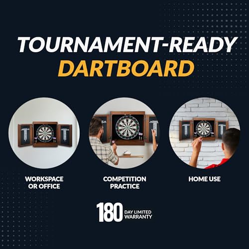 Hathaway Farmington 18-in Bristle Dart Board and Cabinet Set – Includes Self Healing Sisal Board, Rotatable Number Ring, Chalk Scoreboards & Steel-Tip Darts - Complete Dart Accessories - Walnut