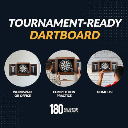Hathaway Farmington 18-in Bristle Dart Board and Cabinet Set – Includes Self Healing Sisal Board, Rotatable Number Ring, Chalk Scoreboards & Steel-Tip Darts - Complete Dart Accessories - Walnut