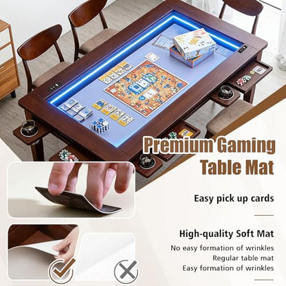 Haddockway Solid Wood Board Game Table with Colorful Led Lights, Dining/Gaming Table for 4-6 Players with Charge Station,Removable Top, Play Mat, 6 Cup Holders & Trays (Warm Walnut) - color: Solid Wood Blackwalnut With Led Light
