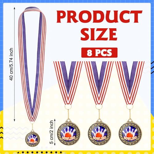 Realspring 8 Pcs Bowling Award Medals with Stars and Stripes 2 Inches Bowling Ball Medal with American Flag Neck Ribbon for Adults Tournament