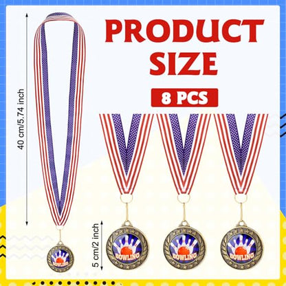 Realspring 8 Pcs Bowling Award Medals with Stars and Stripes 2 Inches Bowling Ball Medal with American Flag Neck Ribbon for Adults Tournament