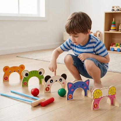 Toddmomy Animal Wooden Croquet Set for Kids - Complete Family Indoor Outdoor Game with 5 Animal Wickets & 2 Mallets - Safe Educational Learning Toy & Gift for Toddlers Boys Girls 3-6