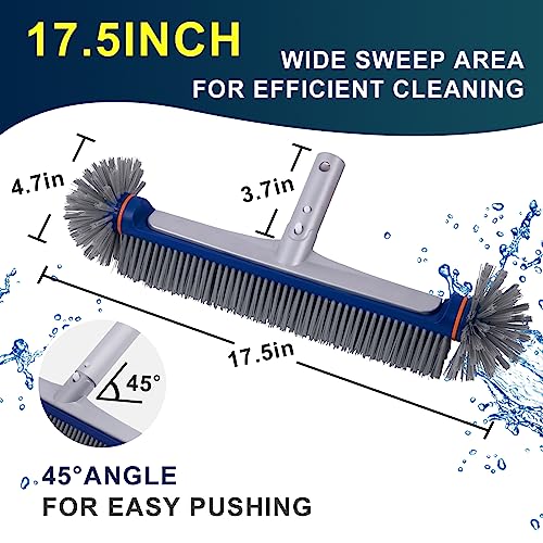 POOLAZA 360 Degree Pool Brush - Heavy Duty 17.5" Pool Brush Head for inground Pools/Above Ground Pools, Spa, Hot Tub, Premium Bristle & Aluminum Handle for Standard Pool Pole - color: Blue