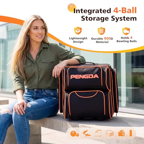 PENGDA 4 Ball Bowling Bag With Wheels, Integrated Single-Chamber 4-Ball System, 900D Reinforced Oxford Bowling Ball Bag, Telescopic Handle Roller Tote Storage Bag for Bowling Accessories and shoes