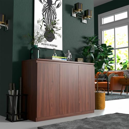 holzart 43" Walnut Brown Buffet Cabinet Sideboard with Storage - Modern 3-Door Wood Grain Kitchen Cupboard & Coffee Bar Station for Dining Room, Living Room - Adjustable Shelf, 43.3" W x 31.5" H - color: Brown