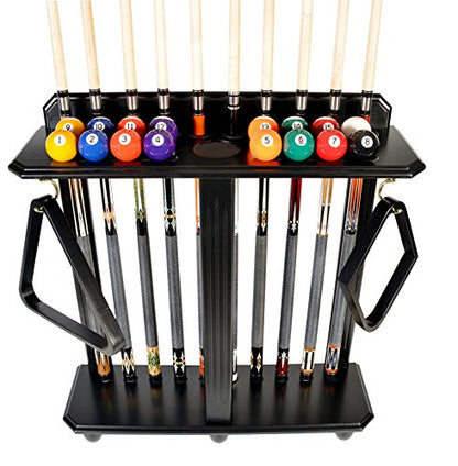 Pool Stick Rack - Cue Rack Only - Wood Floor Stand Holds 10 Pool Sticks and a Full Set of Balls - Billiards Accessories – Black