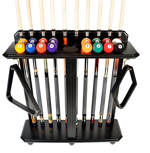 Pool Stick Rack - Cue Rack Only - Wood Floor Stand Holds 10 Pool Sticks and a Full Set of Balls - Billiards Accessories – Black