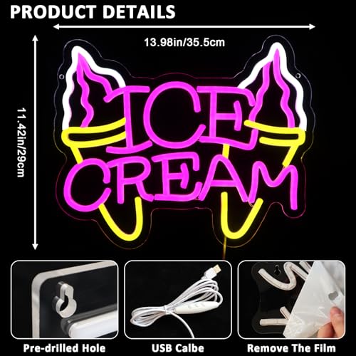 Ice Cream Neon Sign for Wall Decor, Ice Cream Led Signs for Business, USB Dimmable Milk Shakes Neon Lights for Frozen Yogurt Snack Bar Dessert Shop Kitchen Home Pub Restaurant - style: Ice Cream